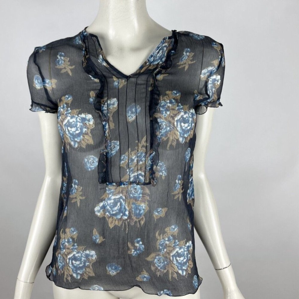 Piazza Sempione Silk Floral‎ Blouse Women 40 NWT Sheer Short Sleeve Ruffle Top
